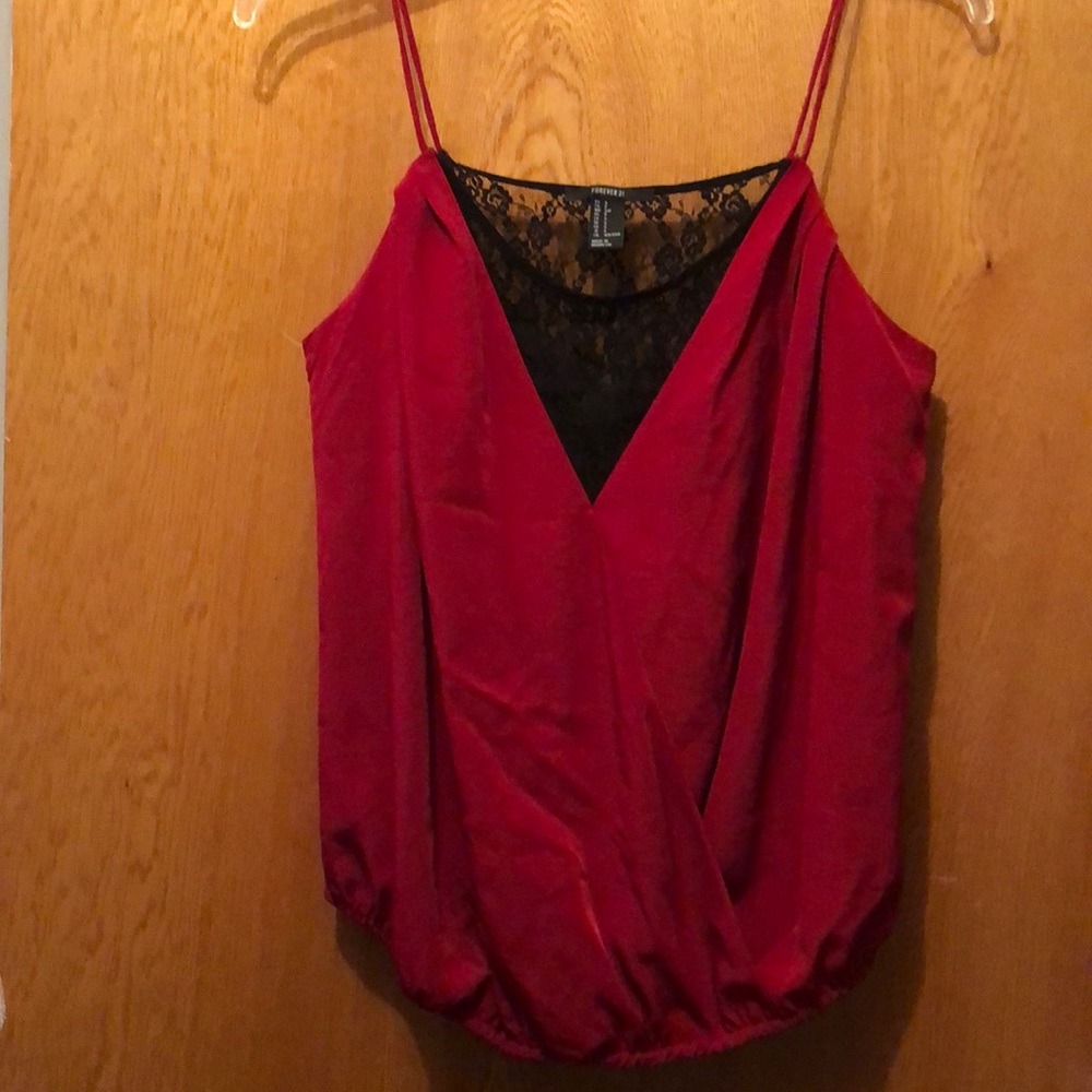 Forever 21 bright red silky and black lace top